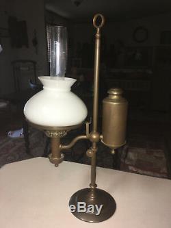 Rare Antique Original 1863 Kleeman Student Brass Oil Lamp With A Milkglass Shade