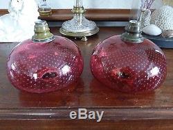Rare Antique Pair Controlled Bubble Cranberry Duplex Oil Lamp Fonts