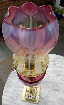 Rare Antique Victorian Art Nouveau Vaseline & Cranberry Glass Oil Lamp Art Glass