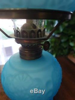 Rare Antique Victorian Blue Satin Glass Miniature Kerosene Oil Lamp