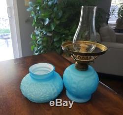 Rare Antique Victorian Blue Satin Glass Miniature Kerosene Oil Lamp