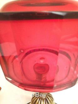 Rare Antique Victorian Cranberry Oil Lamp Etched Glass Shade Duplex 2 Funnels