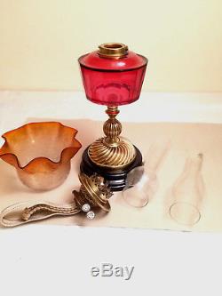 Rare Antique Victorian Cranberry Oil Lamp Etched Glass Shade Duplex 2 Funnels