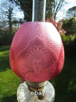 Rare Antique Victorian Crystal Etched Cranberry Duplex Beehive Oil Lamp Shade