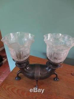 Rare Antique Victorian(c1880)hinks Twin Silver Oil Lamp-fine Etched Tulip Shades