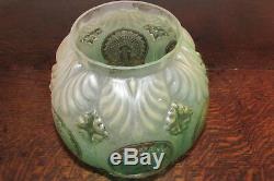 Rare Art Deco Blown frosted polished green glass bee hive Duplex oil lamp shade