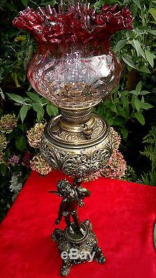 Rare C1892 Antique Miller Banquet Oil Lamp Figural Cherub Cranberry Shade 33