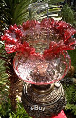 Rare C1892 Antique Miller Banquet Oil Lamp Figural Cherub Cranberry Shade 33