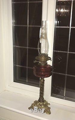 Rare Early Victorian Cranberry Ornate Oil Lamp