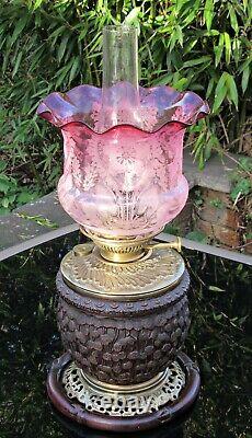 Rare Large Antique Lampe Belge Japonisme Carved Wood & Brass Oil Lamp & Shade