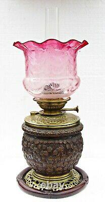 Rare Large Antique Lampe Belge Japonisme Carved Wood & Brass Oil Lamp & Shade