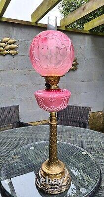 Rare Original Antique Cranberry Pink Embossed Glass Duplex Oil Lamp Font Shade