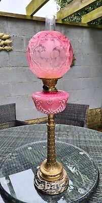 Rare Original Antique Cranberry Pink Embossed Glass Duplex Oil Lamp Font Shade