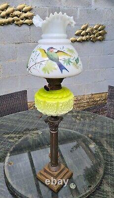 Rare Original Antique Lime Green Embossed Glass Duplex Oil Lamp Font Frill Shade