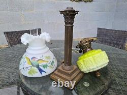 Rare Original Antique Lime Green Embossed Glass Duplex Oil Lamp Font Frill Shade