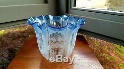 Rare Original Victorian Duplex Blue glass acid etched floral oil lamp shade 4