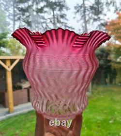Rare Original Victorian Ruby Red Cranberry acid crystal etched Oil Lamp Shade A1