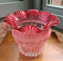 Rare Original Victorian Ruby Red Cranberry acid crystal etched Oil Lamp Shade A1