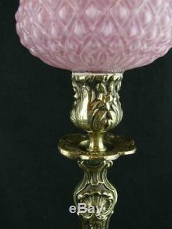 Rare Pair, 19th Century Peg Oil Lamps Cast Brass, Matching Pink Shades & Fonts