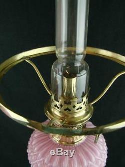 Rare Pair, 19th Century Peg Oil Lamps Cast Brass, Matching Pink Shades & Fonts