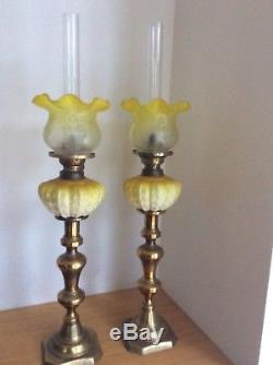 Rare Pair Oil / Kerosene Victorian Brass Candle Stick Lamps Vgc