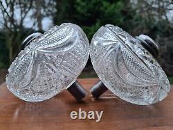 Rare Pair Original Victorian Deep heavy diamond cut glass crystal oil lamp fonts