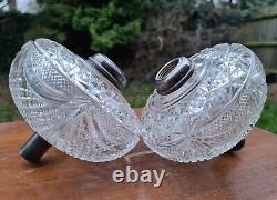 Rare Pair Original Victorian Deep heavy diamond cut glass crystal oil lamp fonts