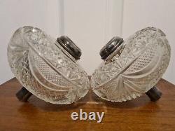 Rare Pair Original Victorian Deep heavy diamond cut glass crystal oil lamp fonts