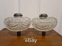 Rare Pair Original Victorian Deep heavy diamond cut glass crystal oil lamp fonts