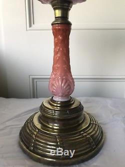 Rare Salmon Pink Victorian Glass Column Oil Lamp