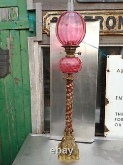Rare Victorian Cranberry Pugin Oil Lamp
