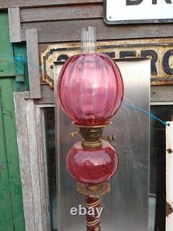 Rare Victorian Cranberry Pugin Oil Lamp