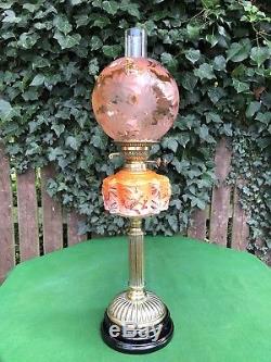Rare Victorian Duplex Oil Lamp Bird Cockatoo Font with Etched Orange/Amber Shade