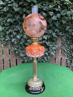 Rare Victorian Duplex Oil Lamp Bird Cockatoo Font with Etched Orange/Amber Shade