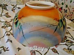 Rare Victorian Enameled Hanging Oil Library Parlor Lamp Shade, Birds Rainbow