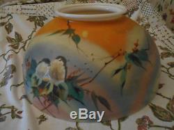 Rare Victorian Enameled Hanging Oil Library Parlor Lamp Shade, Birds Rainbow