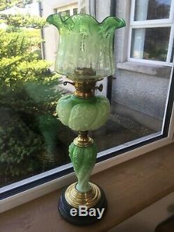 Rare Victorian Matching Green Oil Lamp Base And Font Complete With Shade