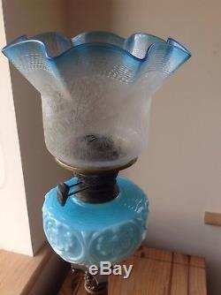 Rare Victorian Oil Lamp Blue Shade