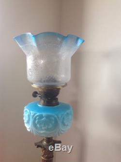 Rare Victorian Oil Lamp Blue Shade Acid Etched