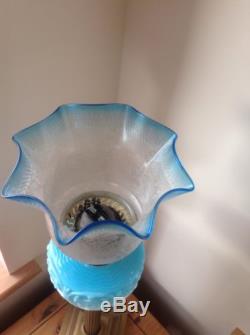 Rare Victorian Oil Lamp Blue Shade Acid Etched