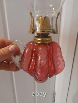 Rare Victorian Ruby Cranberry Cellery Handle Finger Oil Lamp