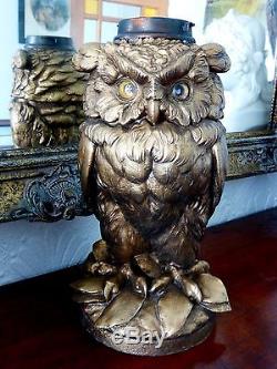 Rare Victorian Spelter Owl Oil Lamp By Craighead & Kunst