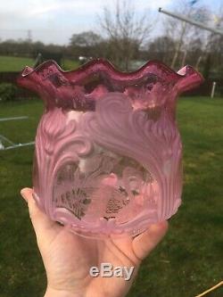 Rare Victorian Swan Etched Cranberry Oil Lamp Shade