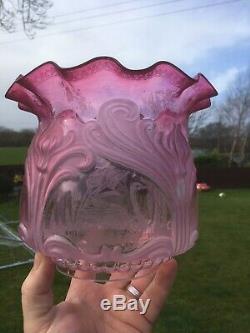Rare Victorian Swan Etched Cranberry Oil Lamp Shade