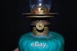 Rare Victorian Teal Blue Diamond Quilted Cut Velvet Mini Oil Lamp 1880's