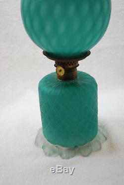 Rare Victorian Teal Blue Diamond Quilted Cut Velvet Mini Oil Lamp 1880's
