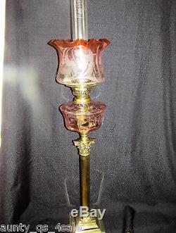 Rare Victorian large corinthan brass column & salmon glass oil lamp tulip shade