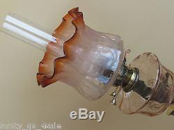 Rare Victorian large corinthan brass column & salmon glass oil lamp tulip shade