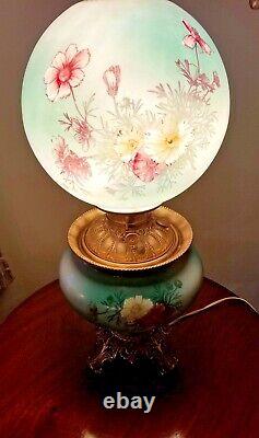 Really Nice Victorian Era Floral HP Pansies Gone with the Wind Oil Lamp Converted