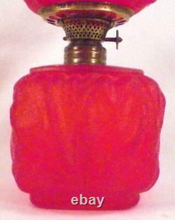 Red Satin Glass Miniature Lamp Oil Kerosene Drape Pattern Antique Nutmeg Burner